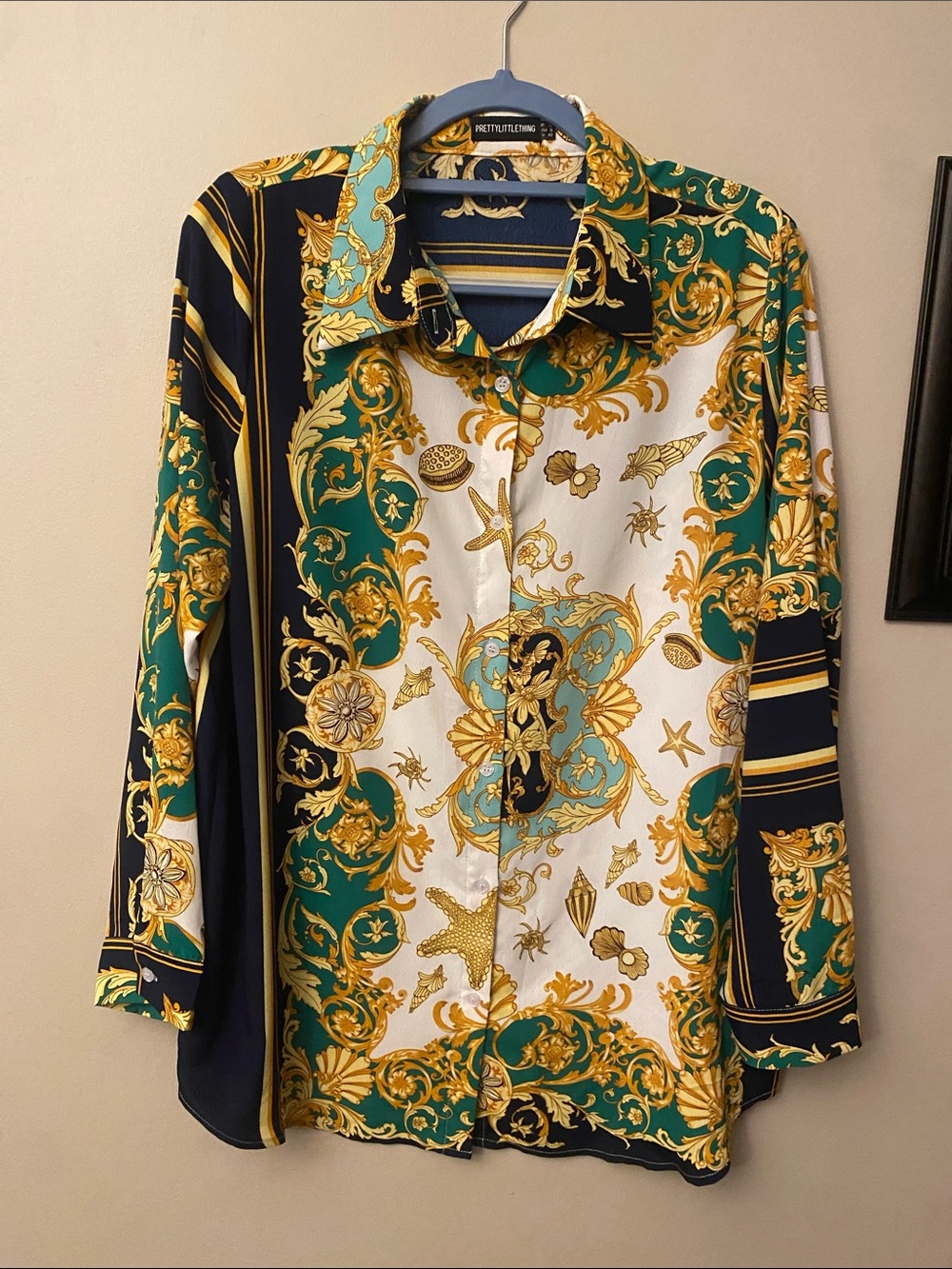 PrettyLittleThing Green Navy White Gold Baroque Print Shirt
